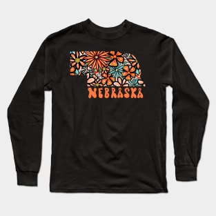 Nebraska State Design | Artist Designed Illustration Featuring Nebraska State Outline Filled With Retro Flowers with Retro Hand-Lettering Long Sleeve T-Shirt
